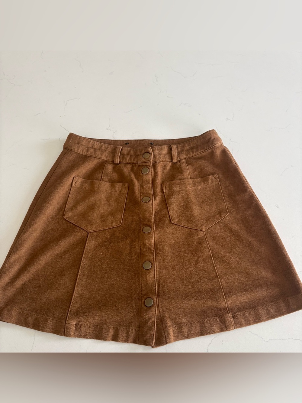 Camel Faux Suede Button Front Mini Skirt A-Line Patch Pocket Boho Y2K XS
